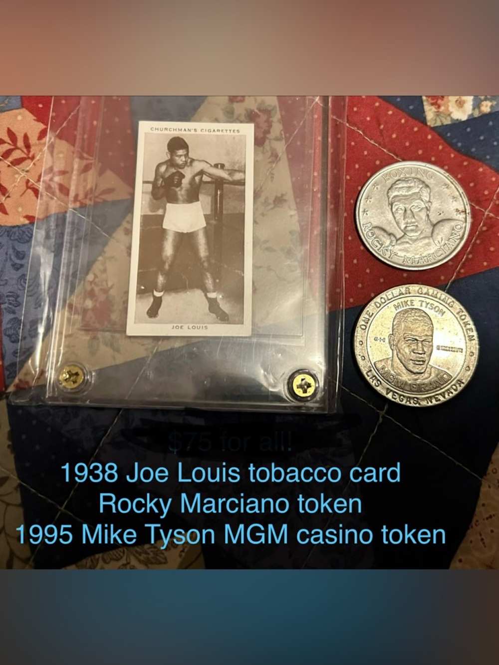 Boxing cards and tokens Mike Tyson Joe Louis Rocky Marciano